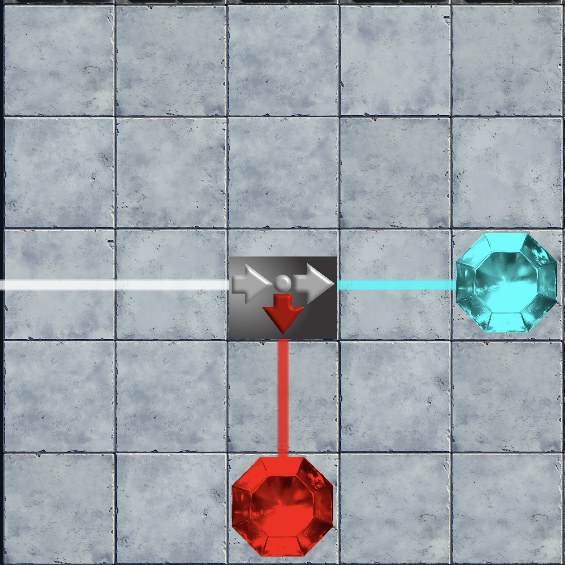 Derselbe Zweiersplitter, der aus einem weißen Strahl Rot abspaltet, sodass Cyan weiterläuft.